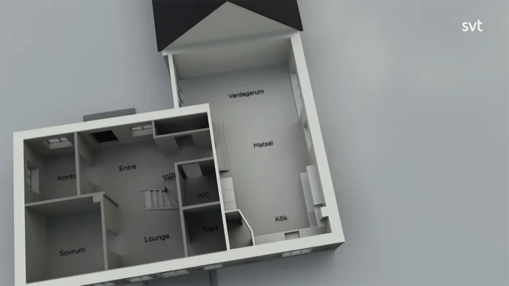 Stiligt - 3D planlösning på ett Kverrestadshus med märkta rum på svenska: Kontor, Sovrum, Entré, Lounge, WC, Tvätt, Vardagsrum, Matsal och Kök. SVT-loggan syns uppe till höger.