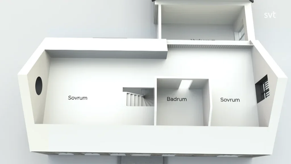 Stiligt - 3D planritning av ett Kverrestadshus övervåning som visar två sovrum (Sovrum), ett badrum (Badrum), och en trappa i mitten.