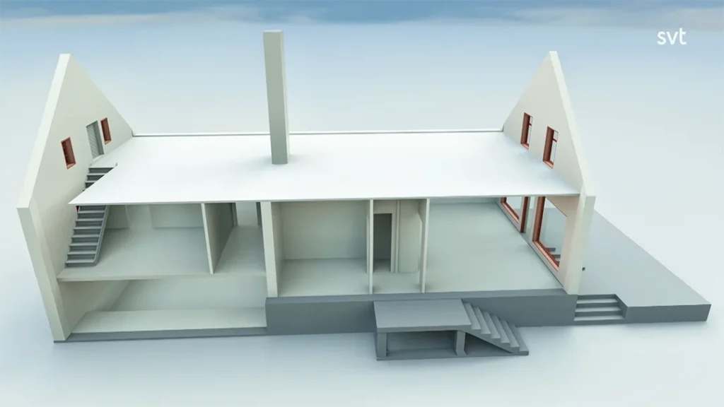 Stiligt - En tvärsnittsillustration av ett modernt tvåvåningshus i ett livsprojekt i Lye, som visar interiöra rum, trappor, fönster och en utomhusentré med trappsteg.
