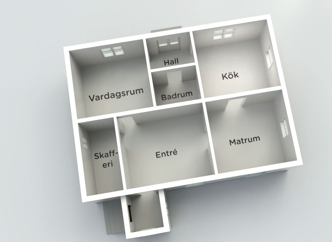 Stiligt - 3D planritning av ett hus märkt på svenska, som visar rum: Vardagsrum, Hall, Badrum, Kök, Skafferi, Entré och Matrum – designat med stil inspirerad av Stockholms Grönalundscharm.